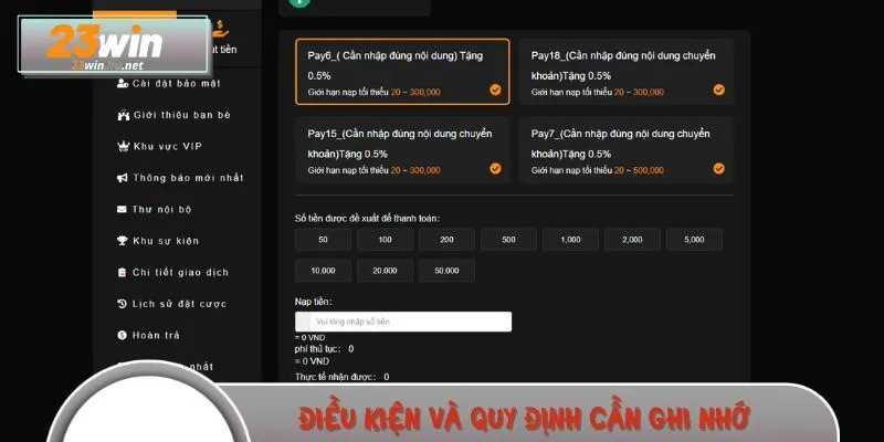 Điều kiện và quy định cần ghi nhớ khi nạp tiền 23WIN